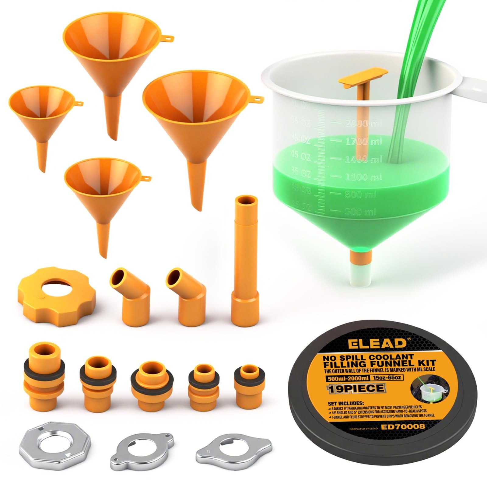ELEAD No-Spill Coolant Funnel Kit – 19-Piece Radiator yellow and transparent