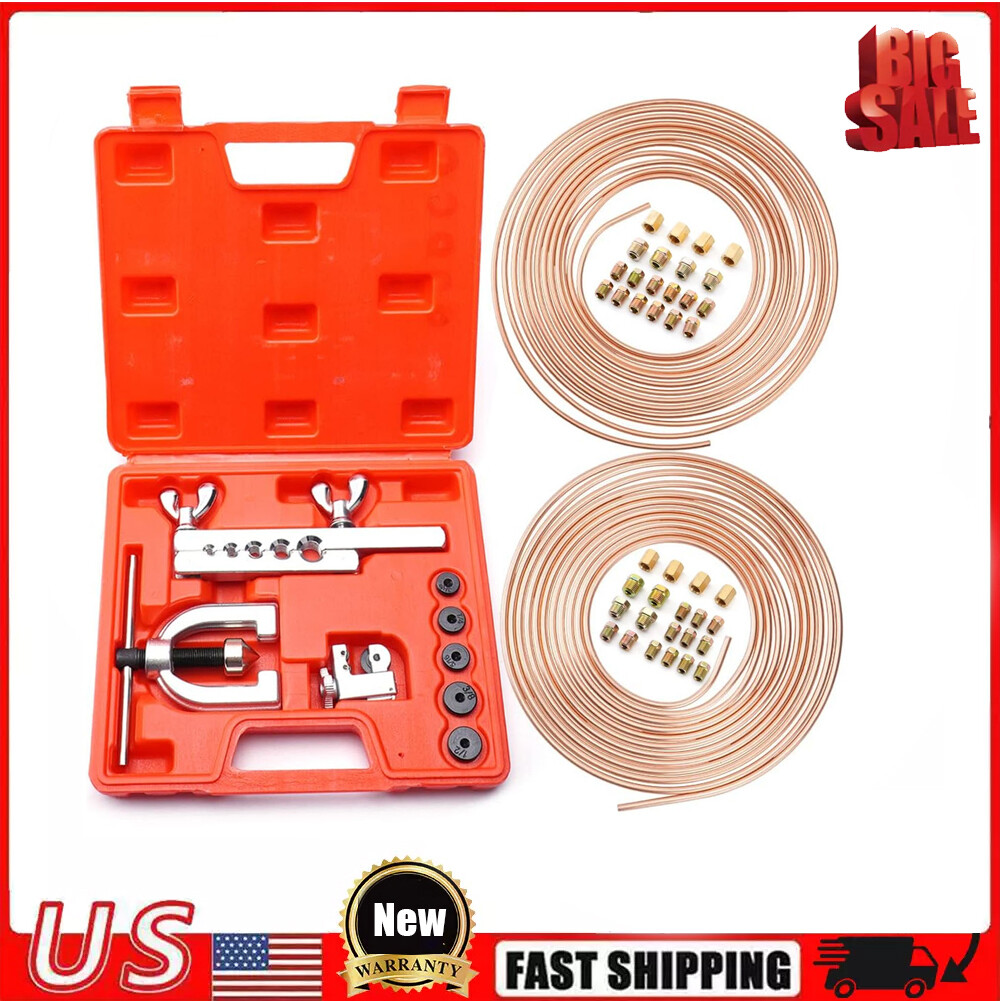 New 25ft 3/16 + 1/4 Copper Coated Brake Line & Double & Single Flaring Tool Kit