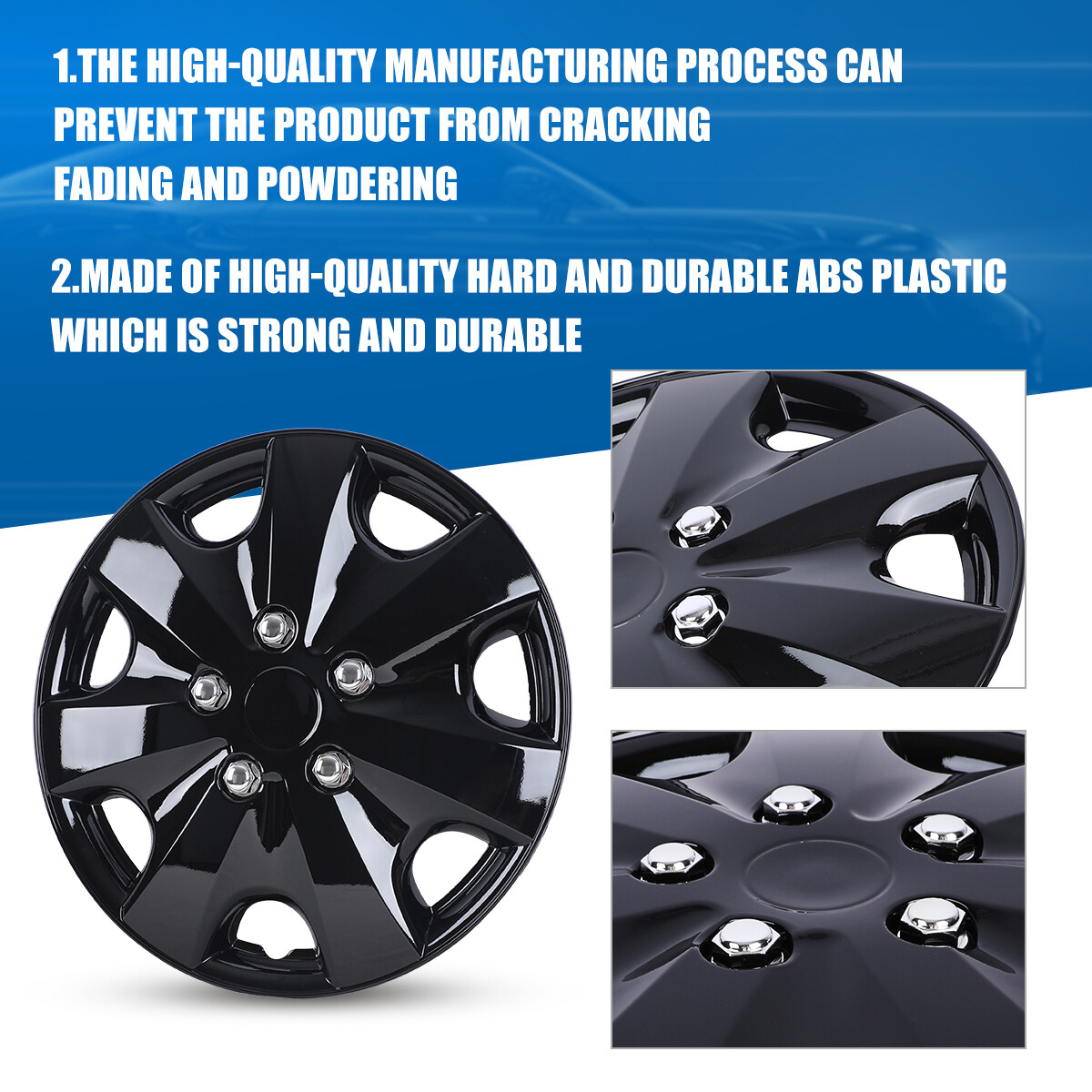 15″ Black Wheel Covers Snap On Full Hub Caps Trim Rings fit R15 Tire & Steel Rim