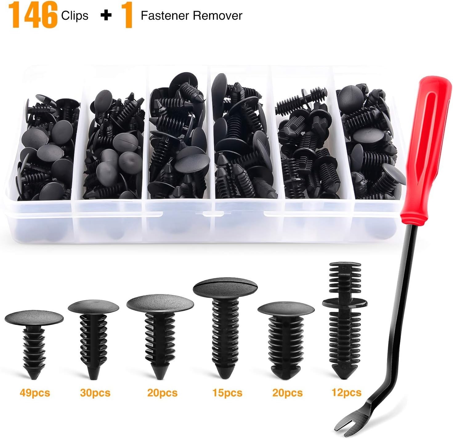 Comprehensive 146PCS Nylon Bumper Shield Retainer Clip Assortment with Remover