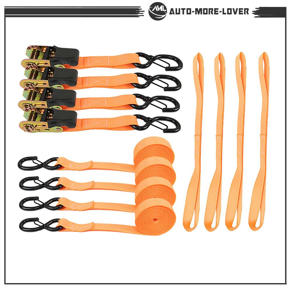4Pk Orange 2200 lb Break Strength Motorcycle and Truck Tie Downs Ratchet Straps