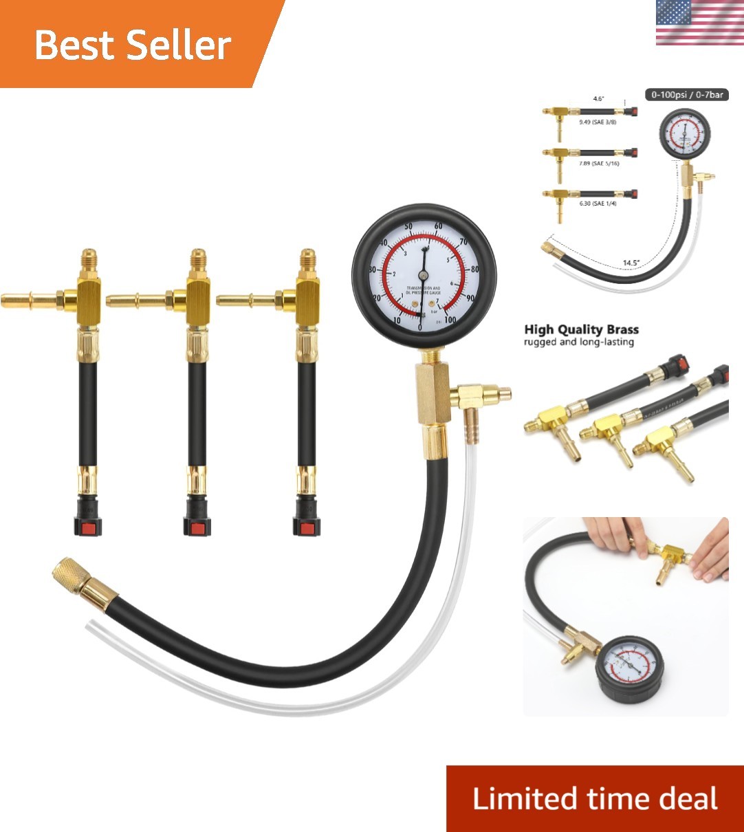 Fuel Pressure Kit 0-100PSI with 9.49,7.89,6.30 Fuel Line Fittings