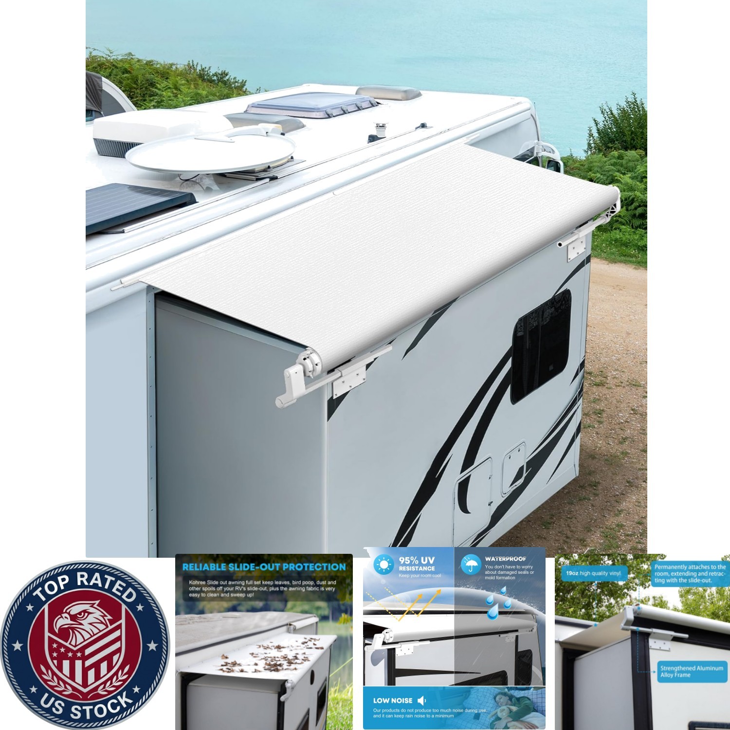 Ultra-Durable RV Slide Out Topper Awning Kit, Easy Install, 7’3″ x 6’7″, White