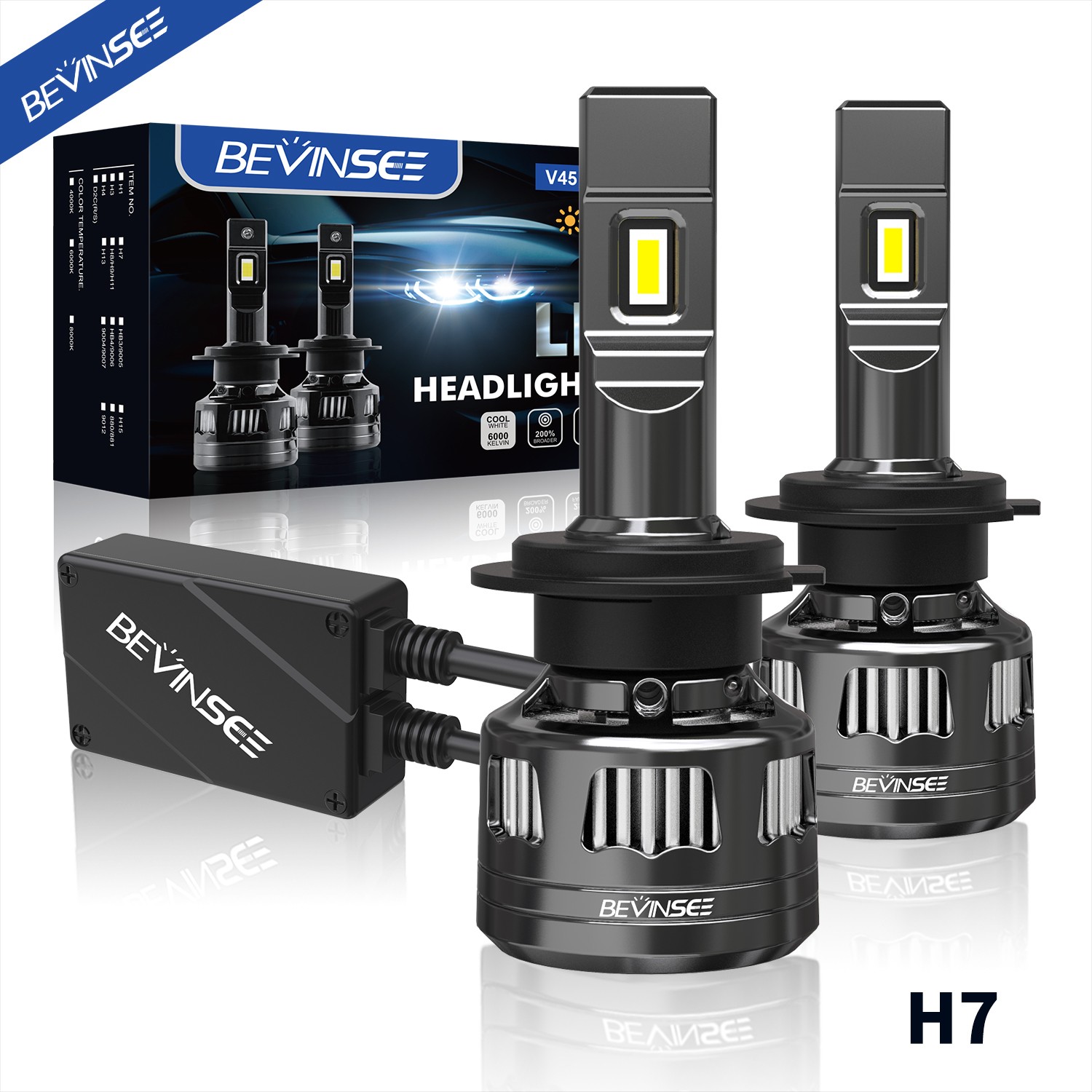BEVINSEE V45 H7 LED Headlight Bulbs Conversion 120W 22000LM Hi/Low Beam Bright