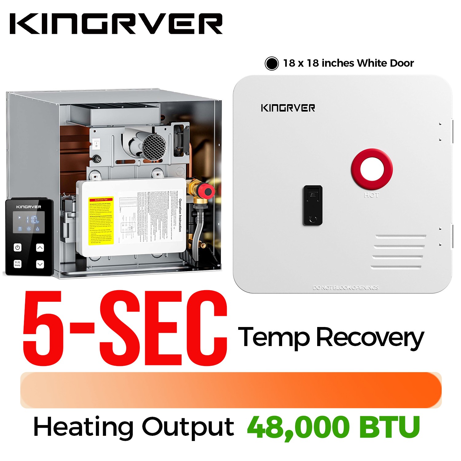 Tankless RV Camper Water Heater Propane 48,000 BTU W/ 18″x18″ White Door DC 12V