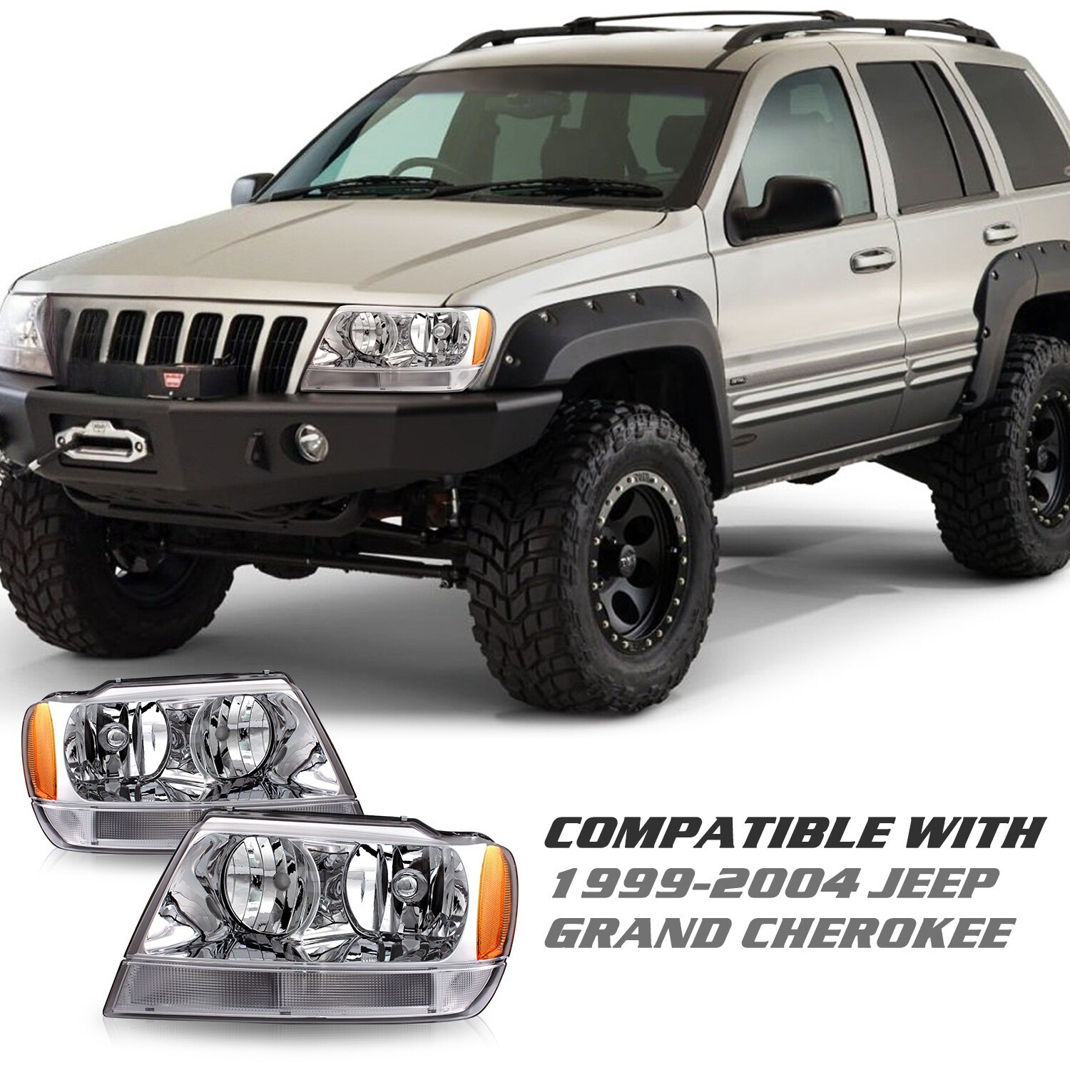 For 1999-2004 Jeep Grand Cherokee Chrome Headlights Amber Corner Headlamps Pair