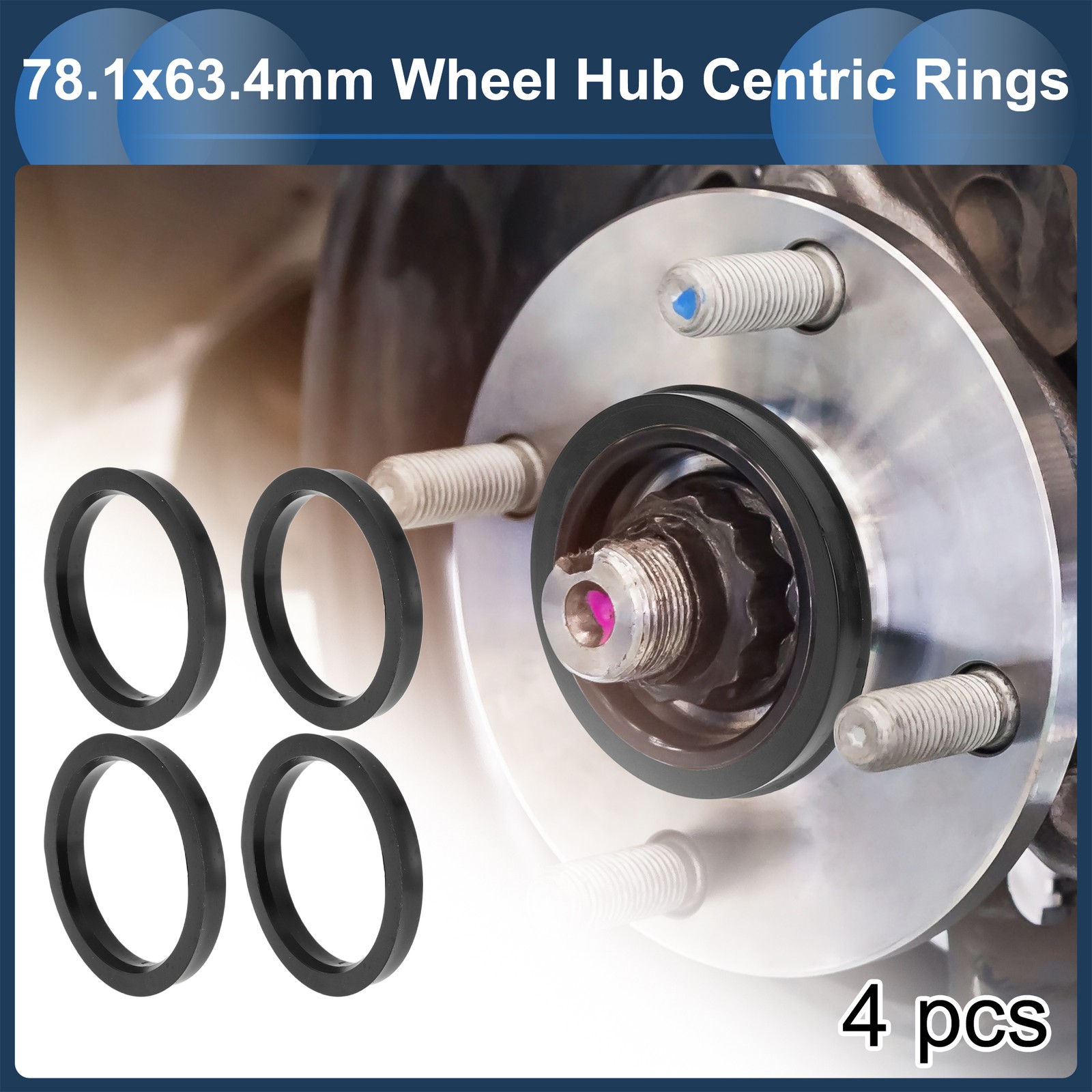 78.1mm to 63.4mm Car Wheel Hub Centric Rings Black Polycarbonate 4 Pcs