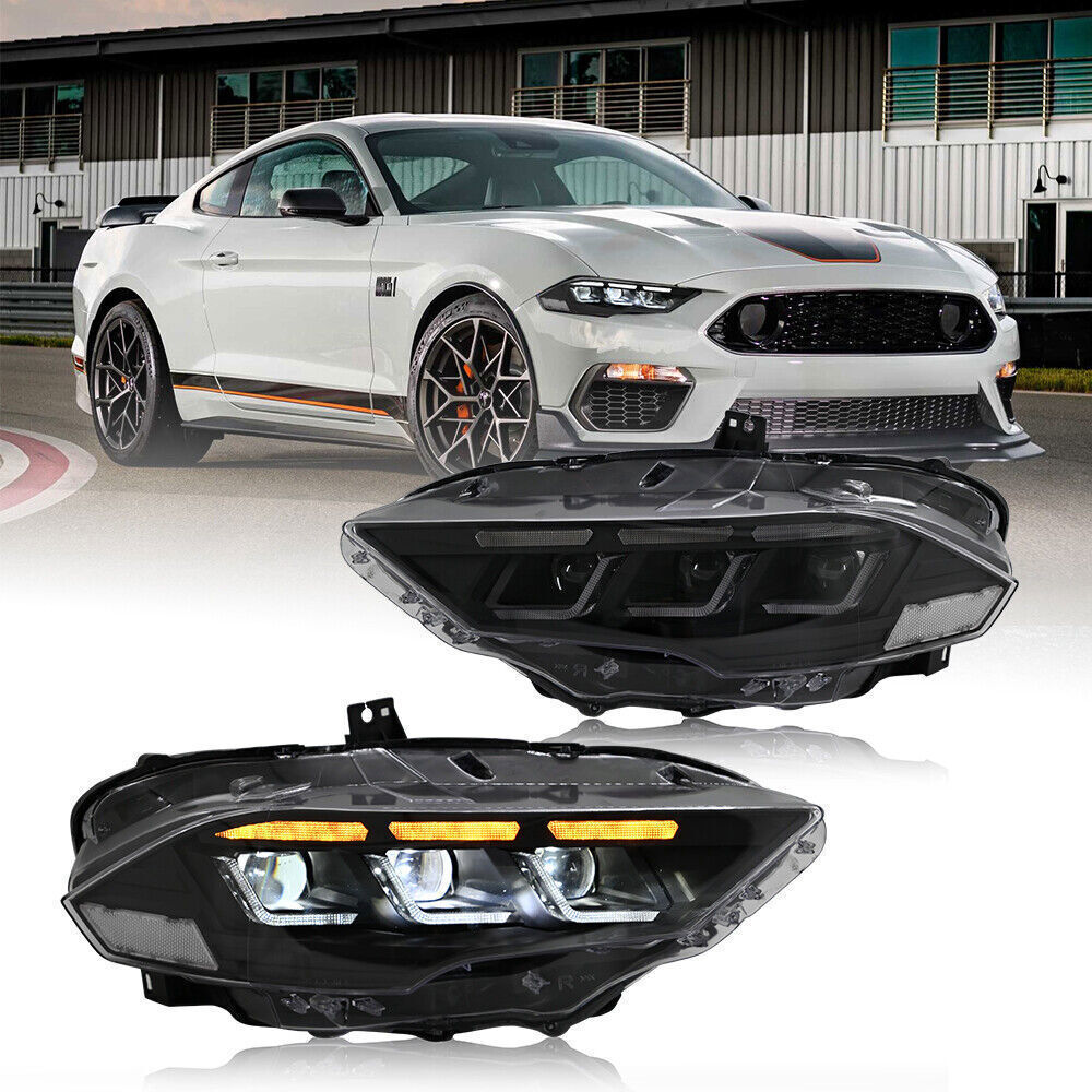 Black Pair LED Headlights Fit For Ford Mustang 2018-2023 Front Lamps Assembly