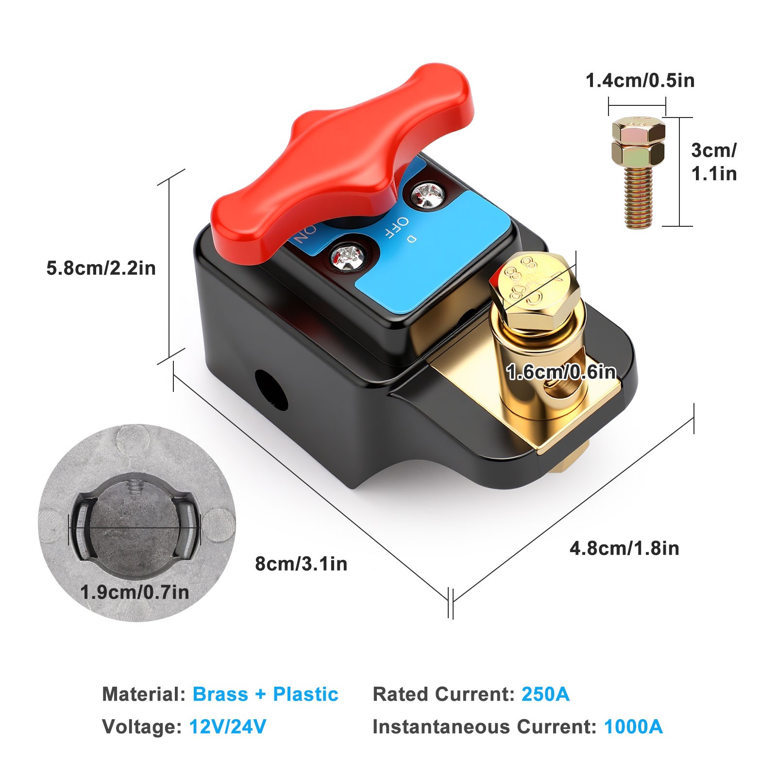 Rotary Car Battery Disconnect Switch 12-24V Brass Cut Off Isolator Quick Install