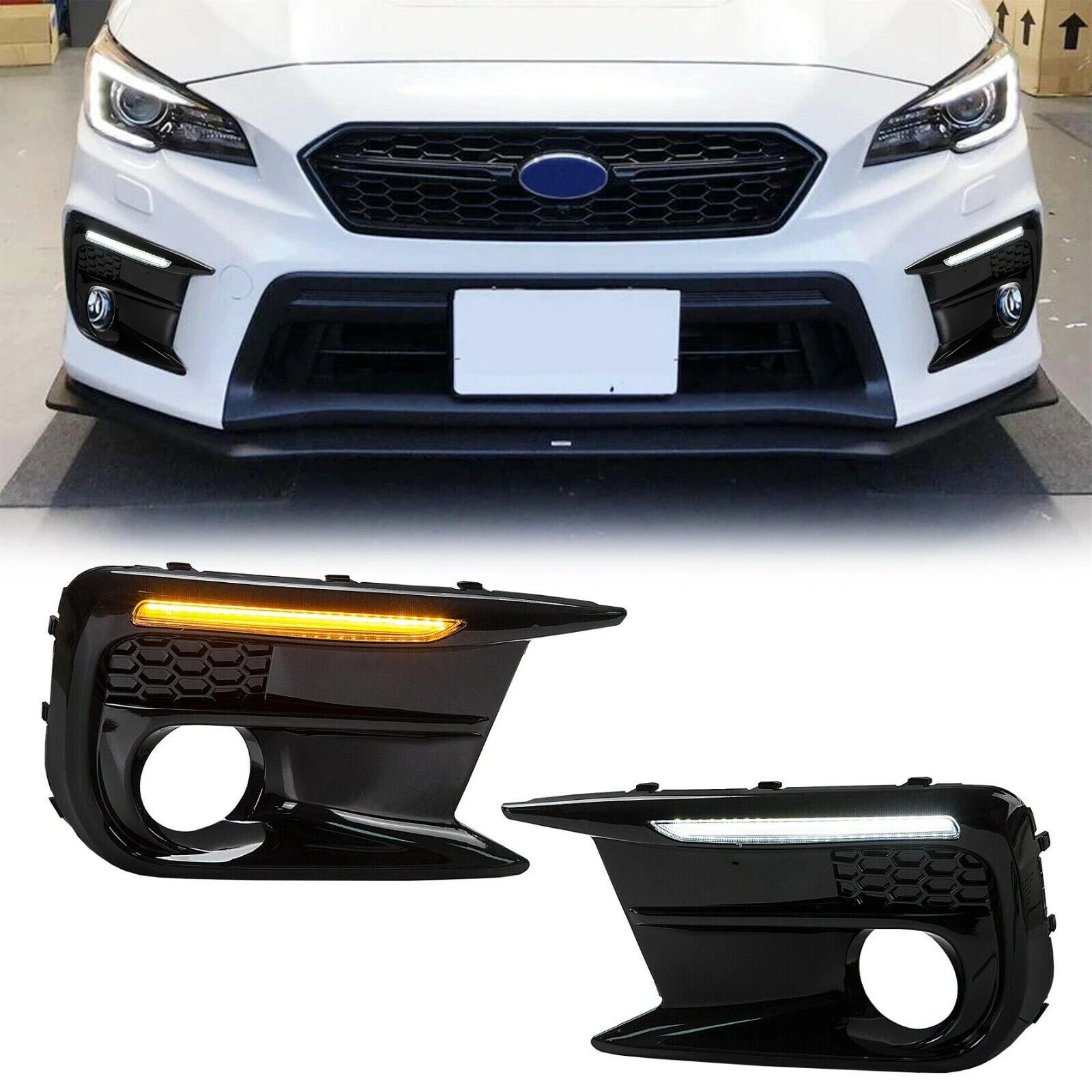 1Pair LED White/Amber DRL Fog Light Cover Kit Bezel For 2018-2021 Subaru WRX/STI