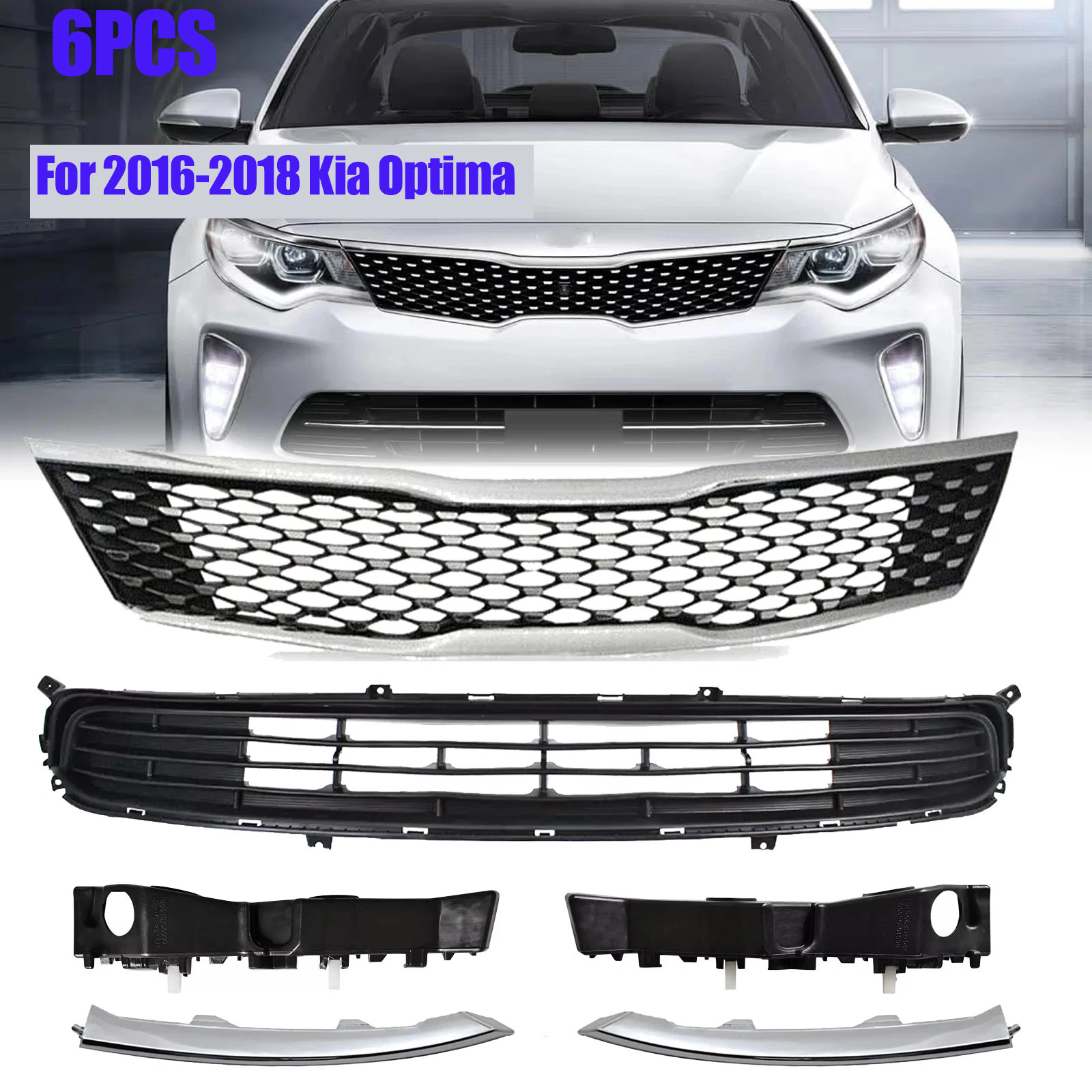 For 2016-2018 Kia Optima Front Upper & Lower Grille Bumper Bracket Molding Trim