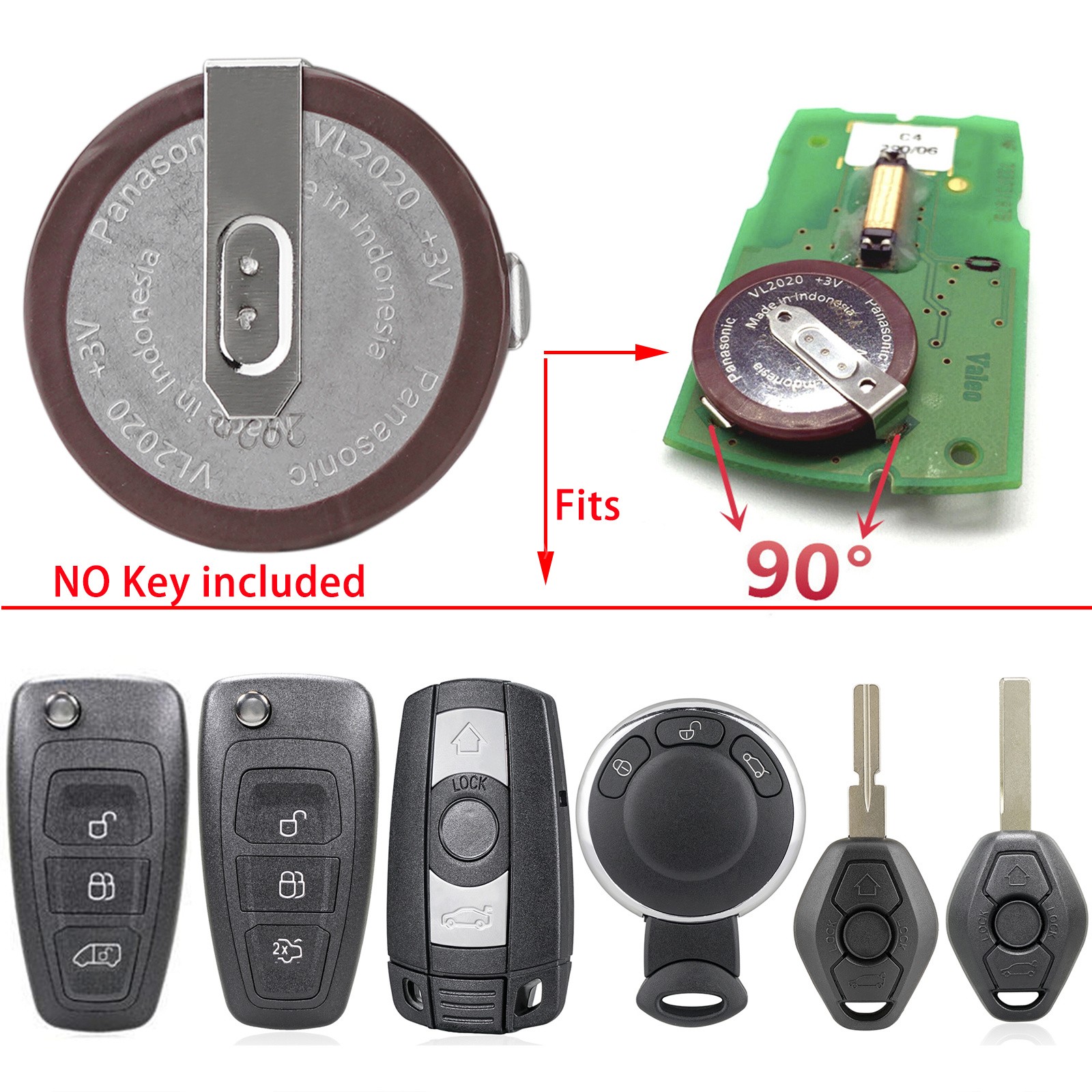 2pcs Battery Fit for Panasonic VL2020 BMW Key Remote Fob Rechargeable 90 degree