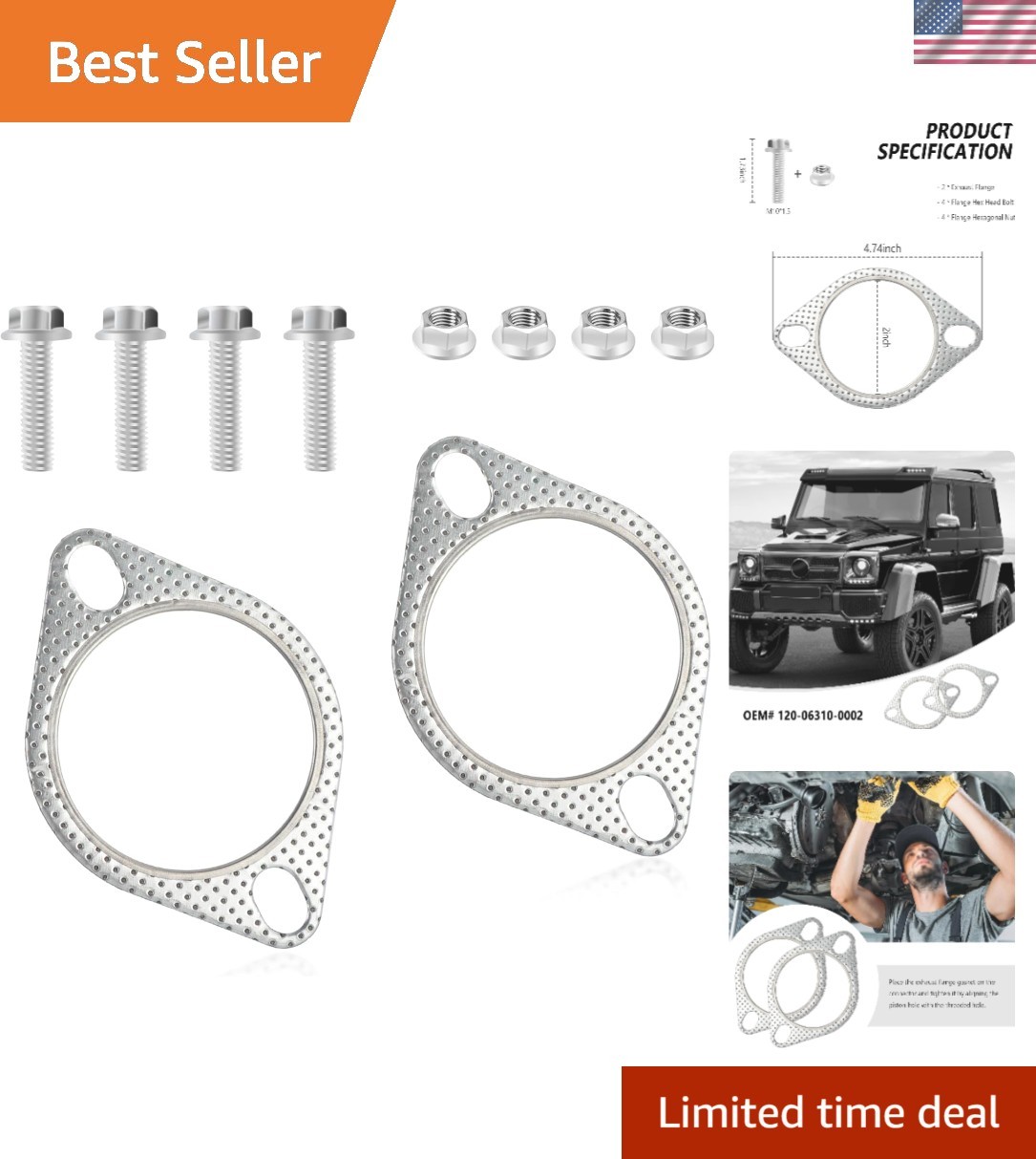 2-Inch Exhaust Flange Repair Kit – Includes Gaskets & Bolts for Optimal Sealing