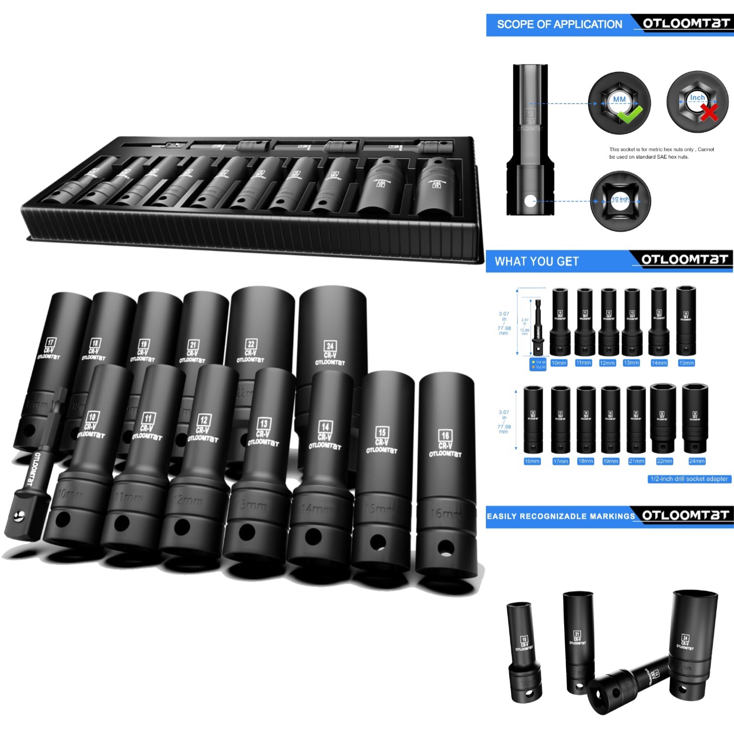 14pc 1/2″ Impact Socket Set Metric Deep Sockets Heavy Duty Mechanical Tool Kit