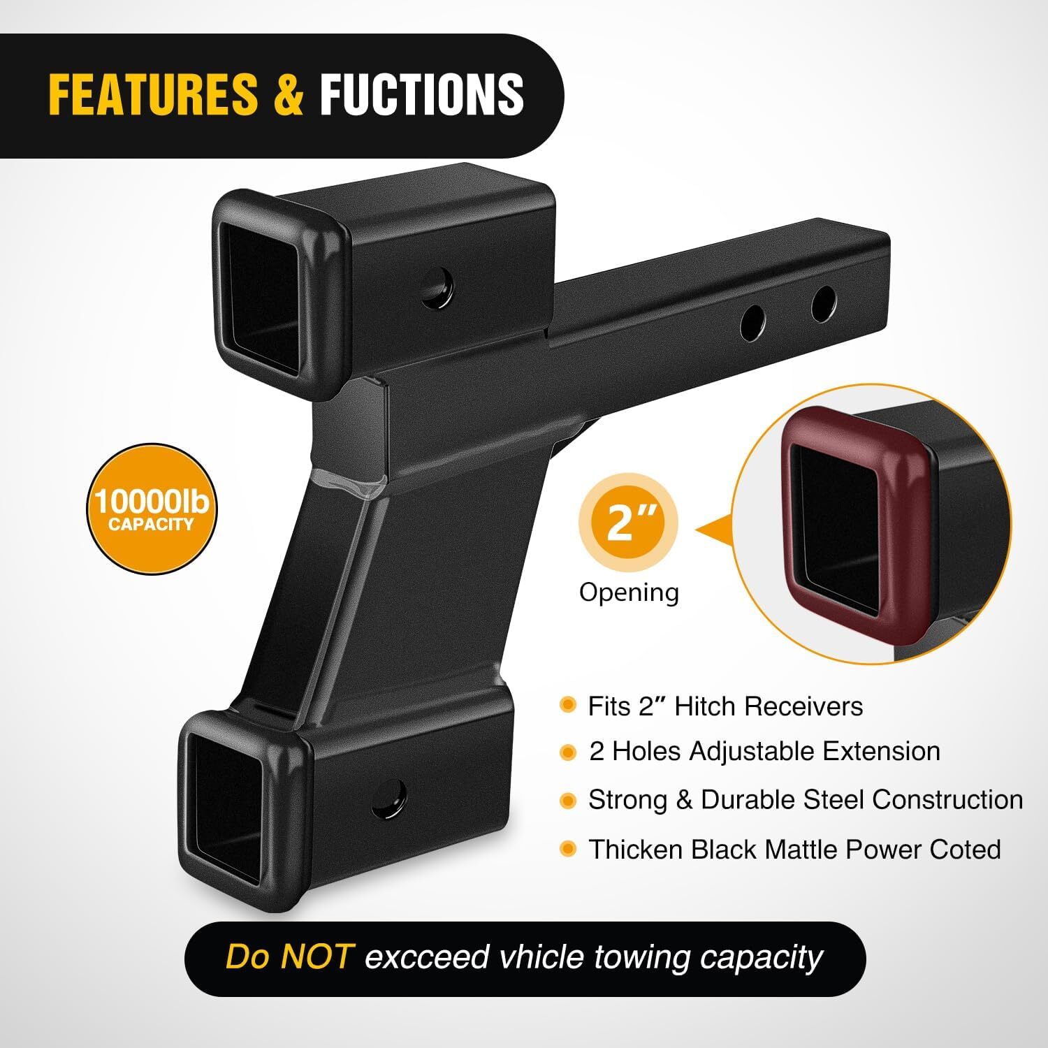 Nilight Trailer Dual Hitch Extender for 2 Inch Receiver with 2 Inch 6 Inch Rise