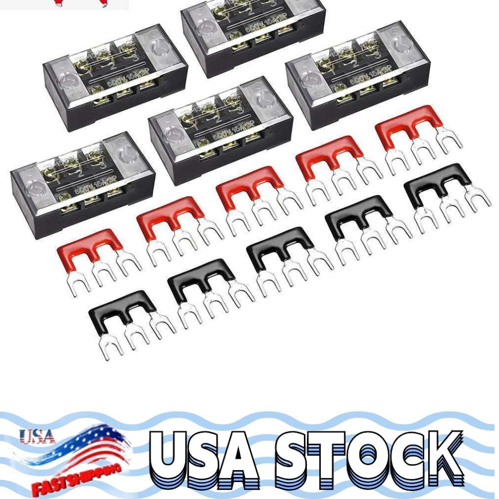 3-Position 600V 15A Dual Row Screw Terminal Blocks & Pre-Insulated Strip 5 Sets