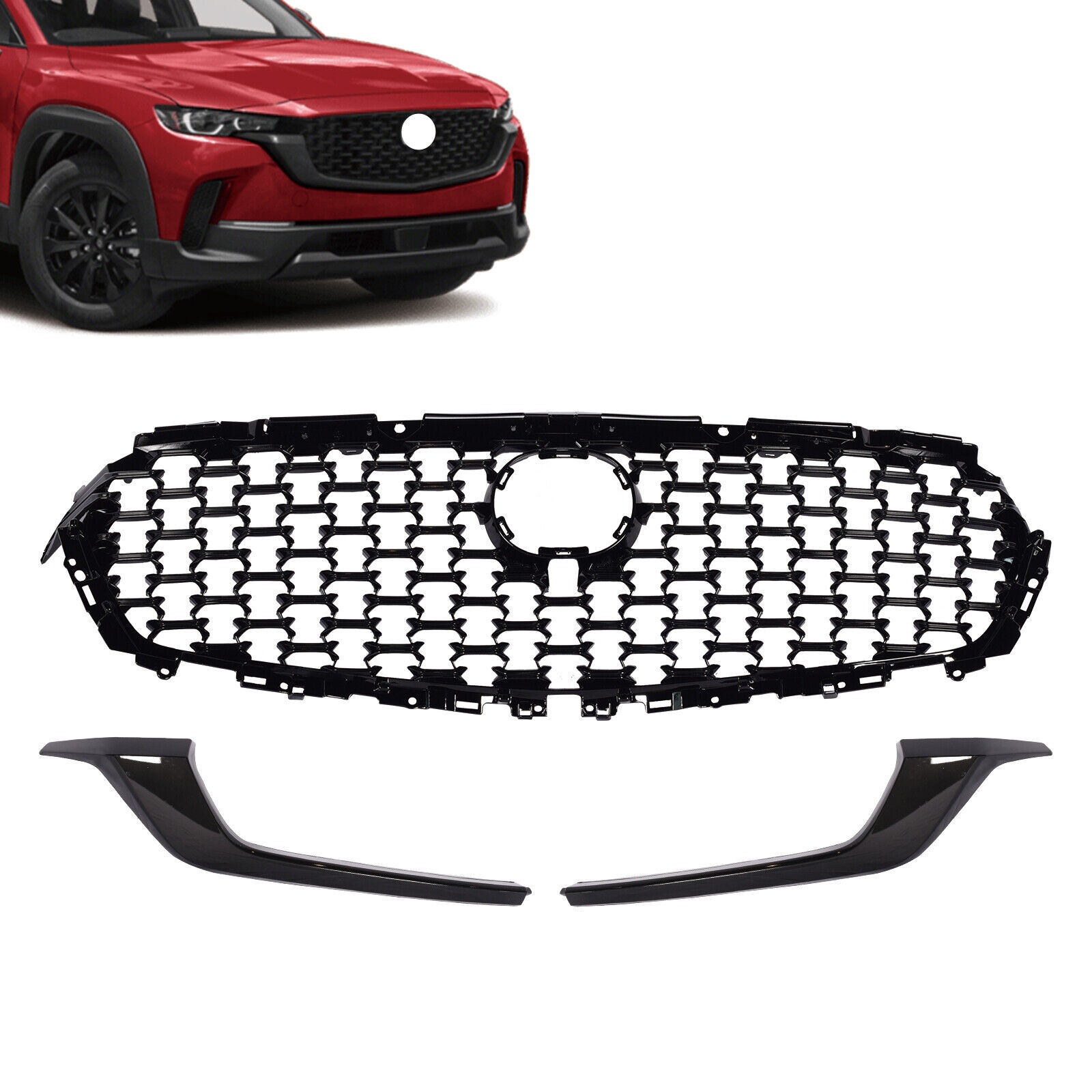 Front Upper Grille And Molding Trims Gloss Black Set For 2023- 2024 Mazda CX-50