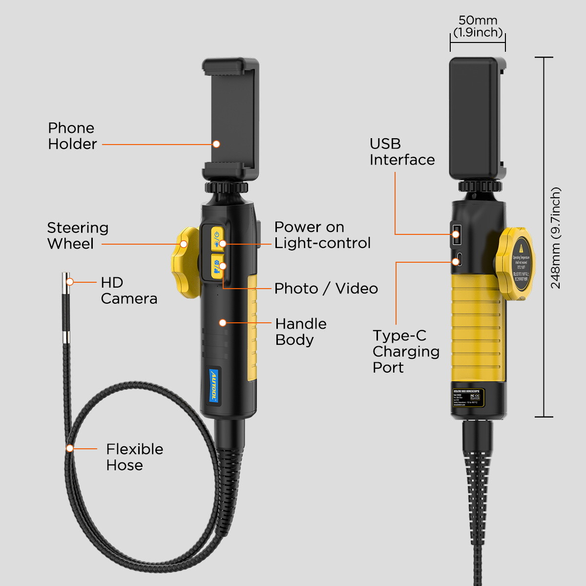 1080P HD Endoscope Inspection Camera 6.35mm Borescope 2-Way 210° for IOS Android