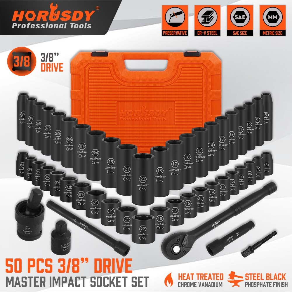 50PC 3/8″ Drive Impact Socket Set Deep & Standard SAE Metric 5/16 – 3/4 8 – 22MM