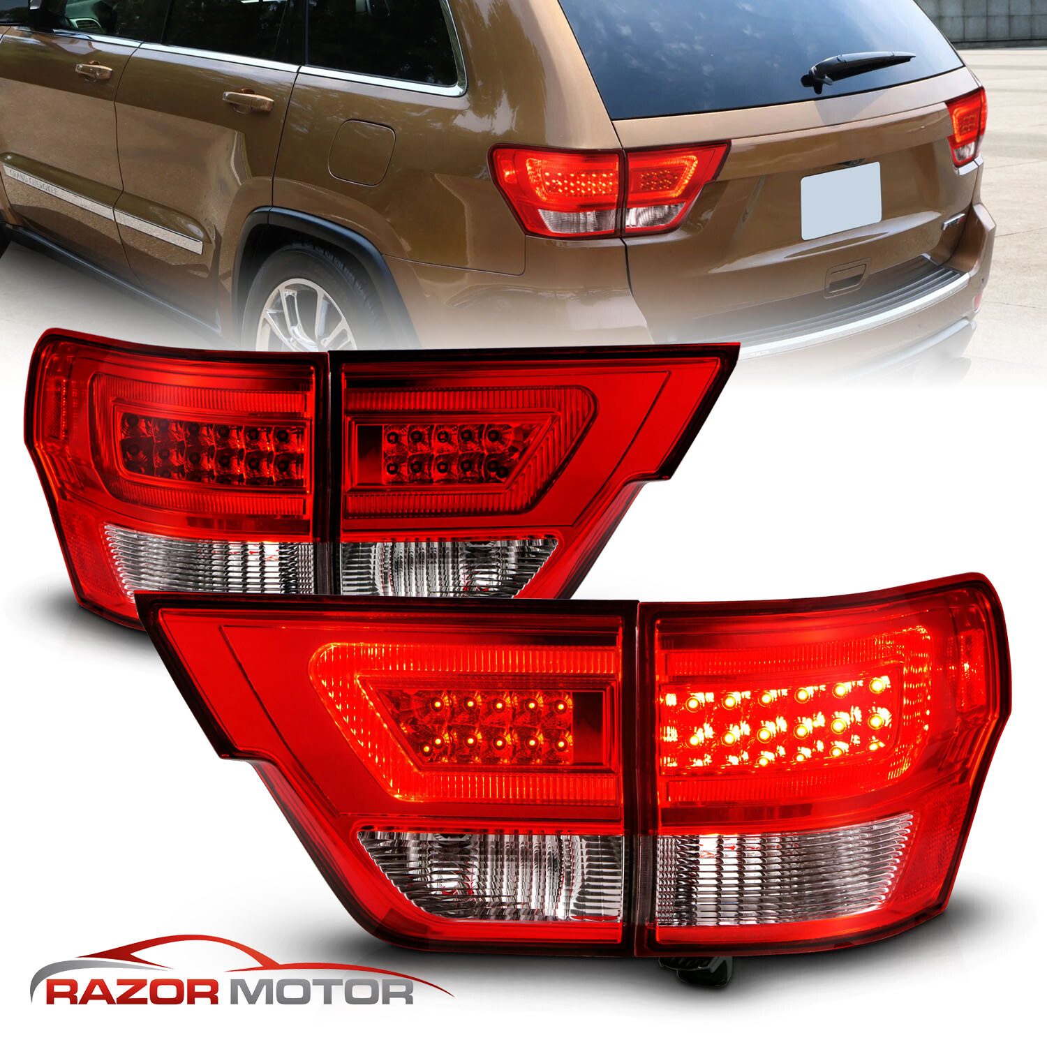 4PCS LED C Bar Tail Lights Pair For 2011-2013 Jeep Grand Cherokee Red Clear