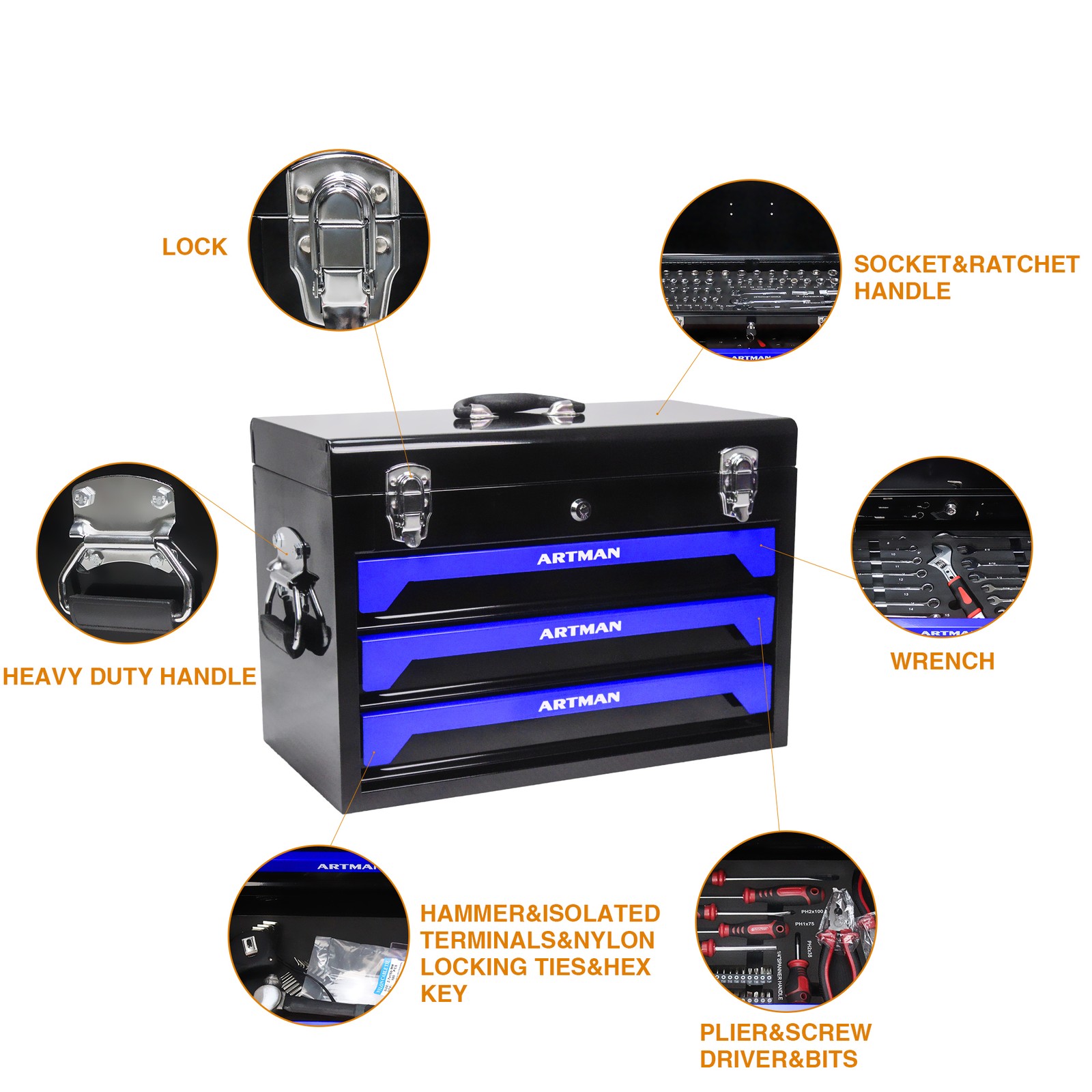 20″ Portable Steel 3-Drawer Toolbox with Latches Top Tray& Handle Garage Storage