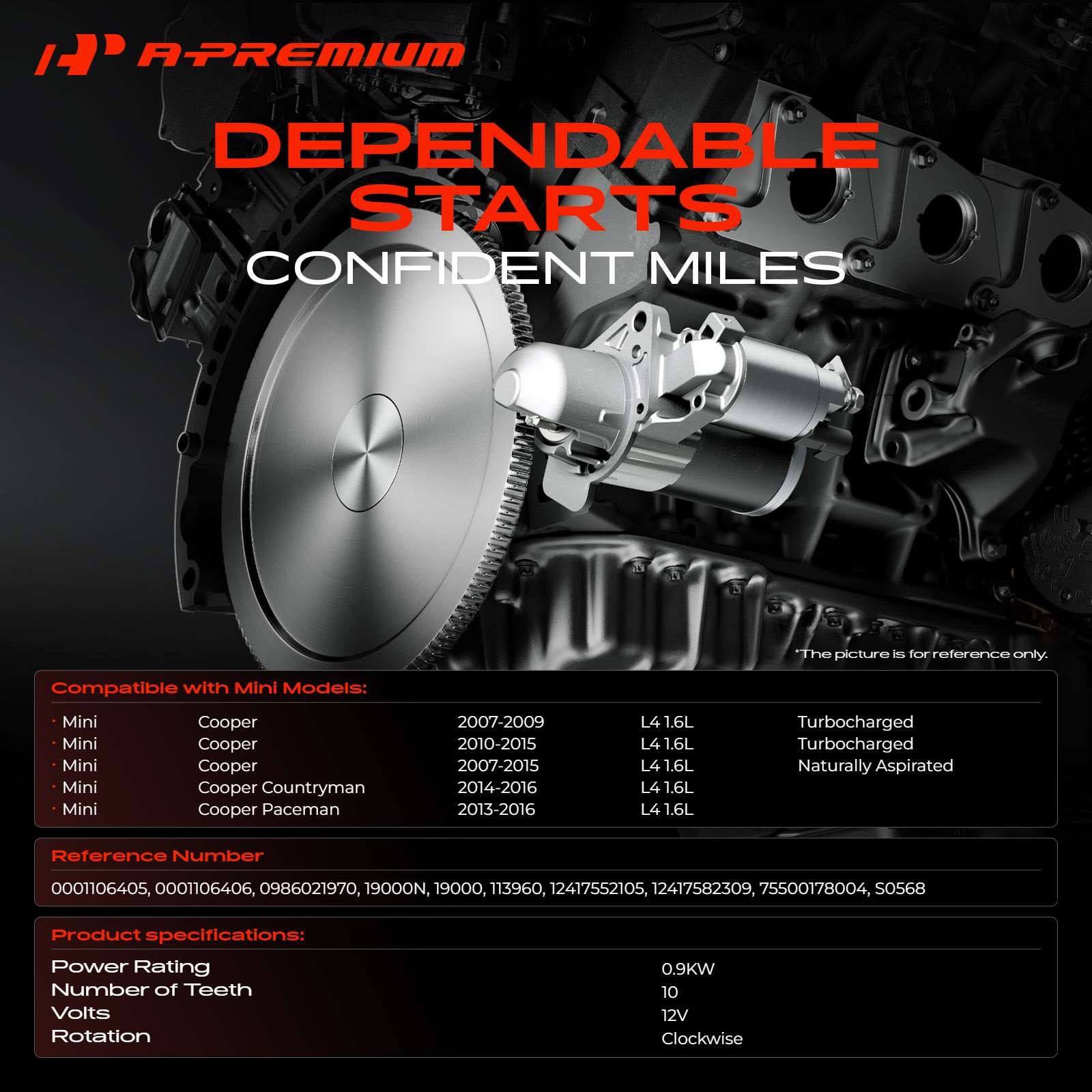 Starter Motor for Mini Cooper 2007-2015 Cooper Paceman L4 1.6L 0.9KW 12V 10T CW