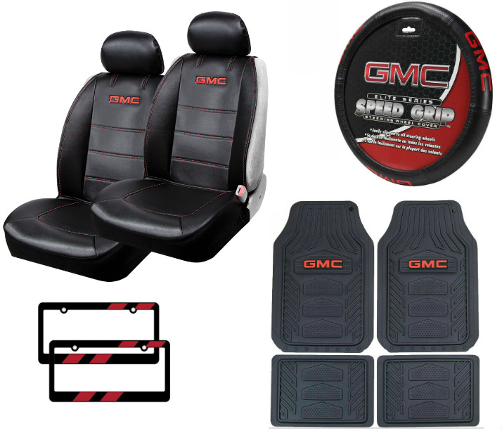 9pc GMC Car Truck Front Rear Rubber Floor Mats Seat Covers Steering Wheel Cover