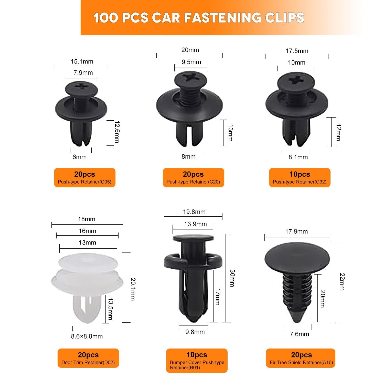 100PCs Car Body Rivet Push Pin Plastic Fastener Retainer Bumper Fender Trim Clip