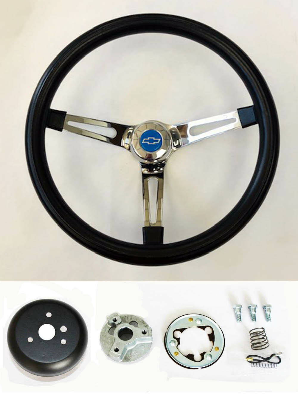 60-69 Chevy C10 Chevrolet Pick Up Steering Wheel Black on Chrome 15″ Blue Bowtie
