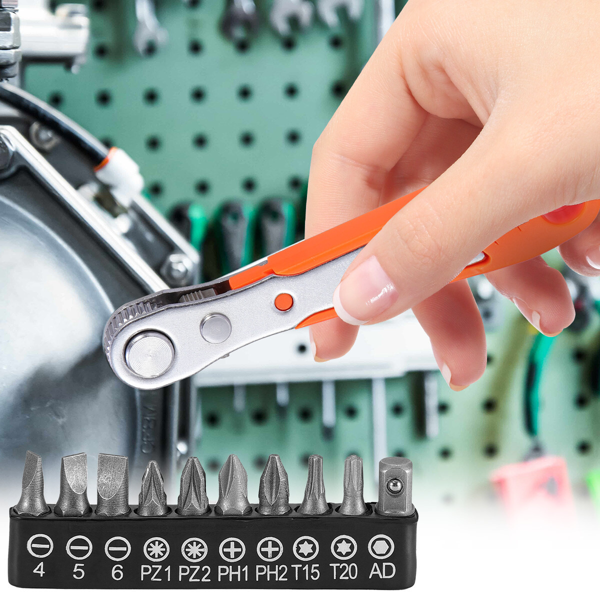 Ratcheting Right Angle Screwdriver Hex Drive 90 Degree Offset + 10pcs Bits Set