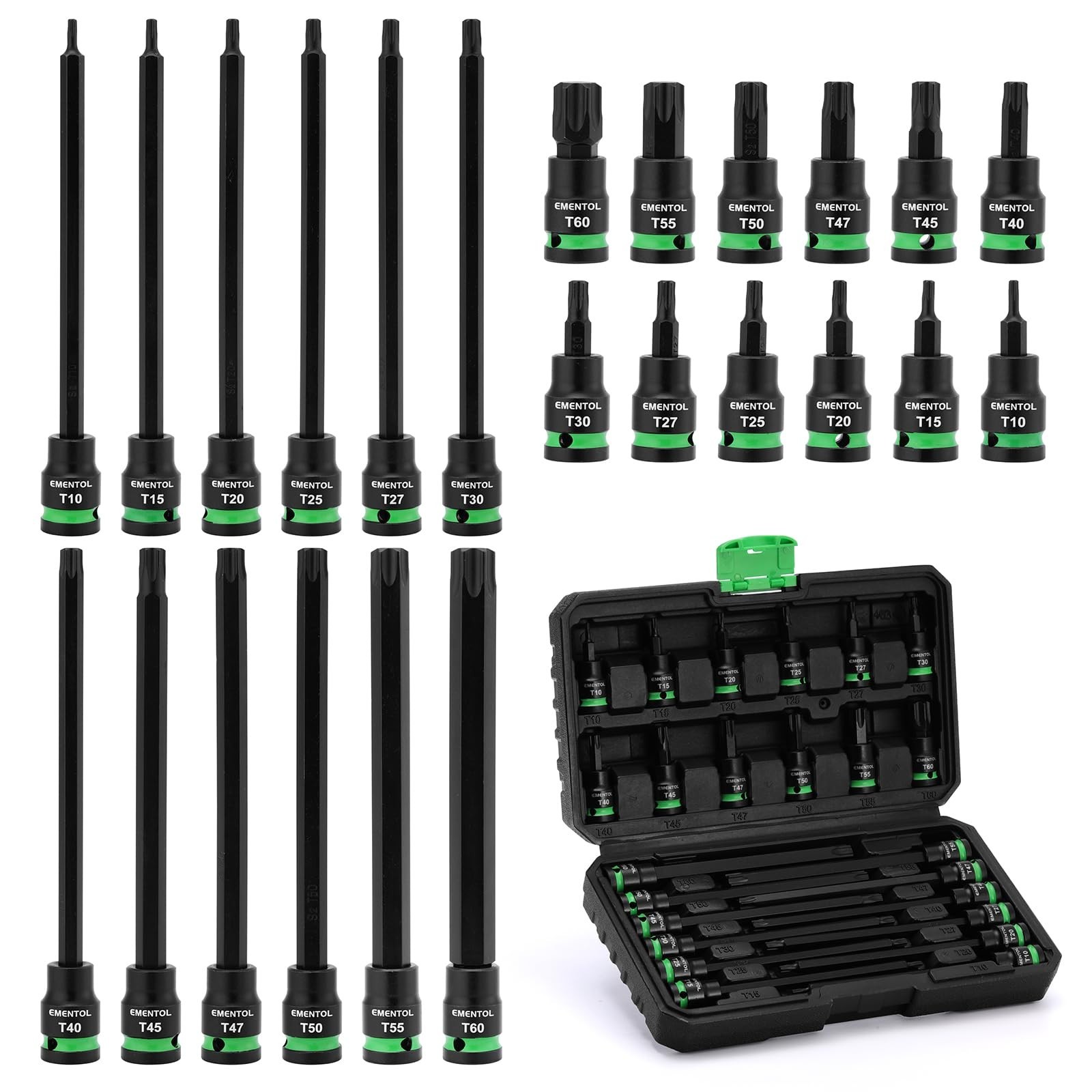 24PCS Extra Long Torx Bit Socket Set 3/8″ Drive T10-T60, Cr-V & S2 Steel