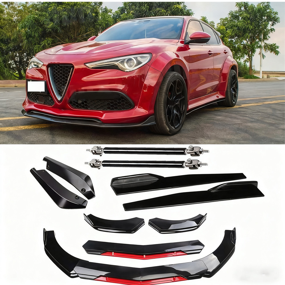 For Alfa Romeo Stelvio Front Bumper Lip+Side Skirt+Rear Lip+Strut Rods Body Kit