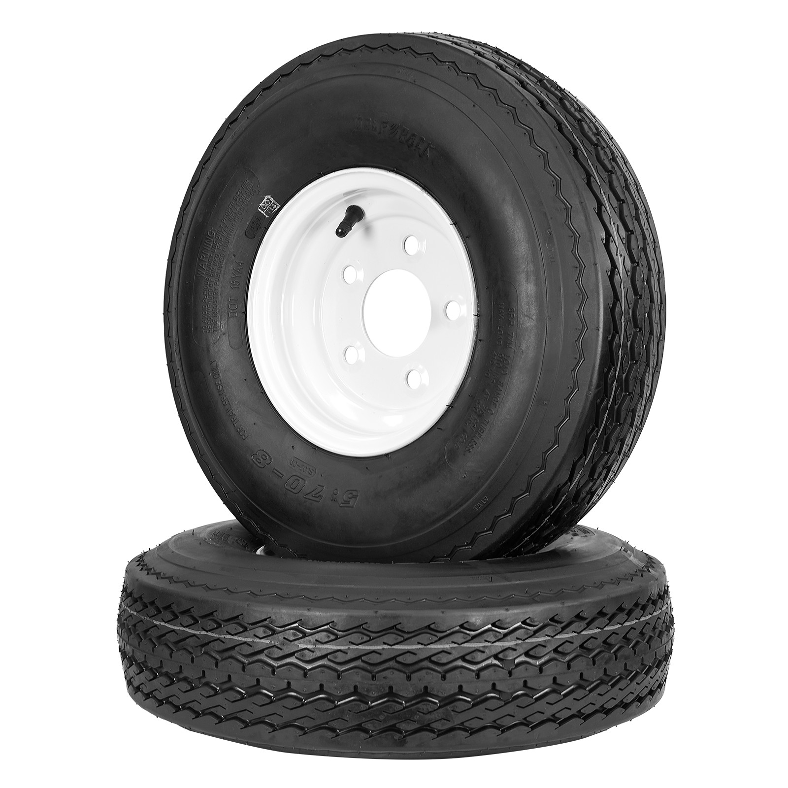 Trailer Tires On Rims 570-8 5.70-8 5 Lug on 4.5″ White Wheel 6PLY, Set of Two