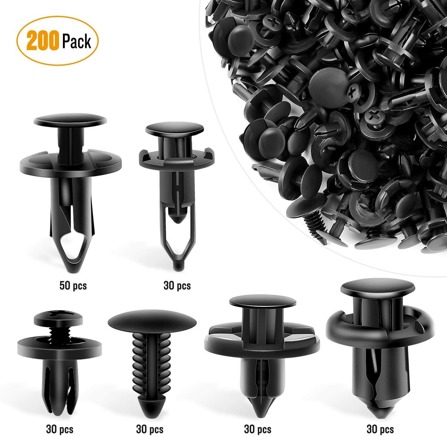 200PCS Universal Plastic Fender Clips with 6 Size Auto Body Retainer Clip