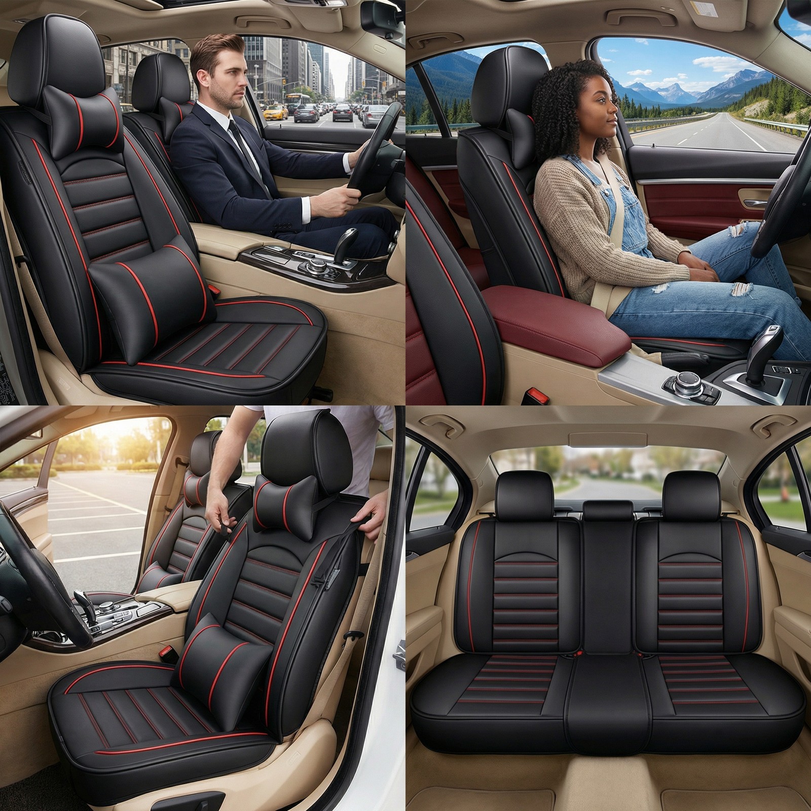 5-Seat PU Leather Car Seat Covers Full Set With Headrest Lumbar Pillows