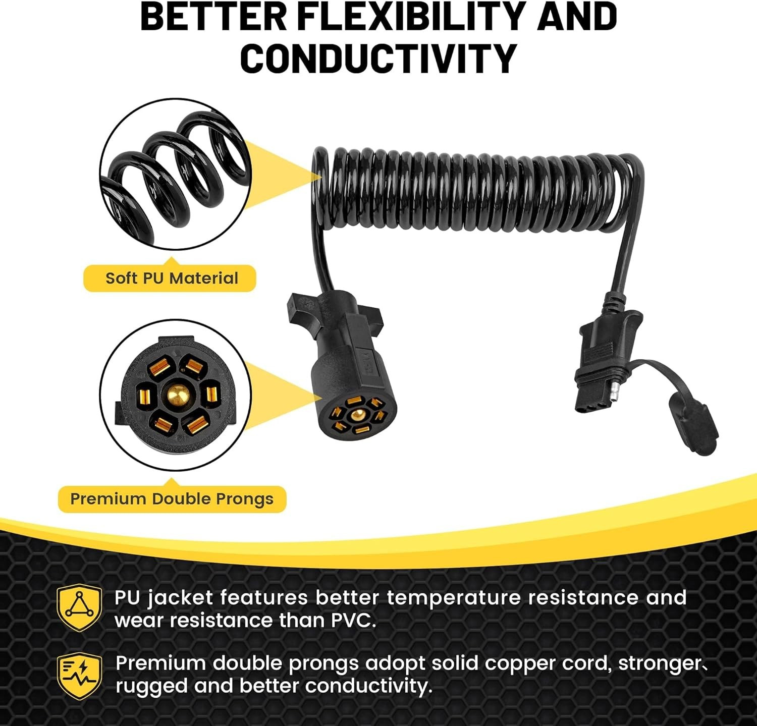 7 Way Round to 5 Way Flat Coiled Trailer Adapter w/ Trailer Clip (6′) UV Coating