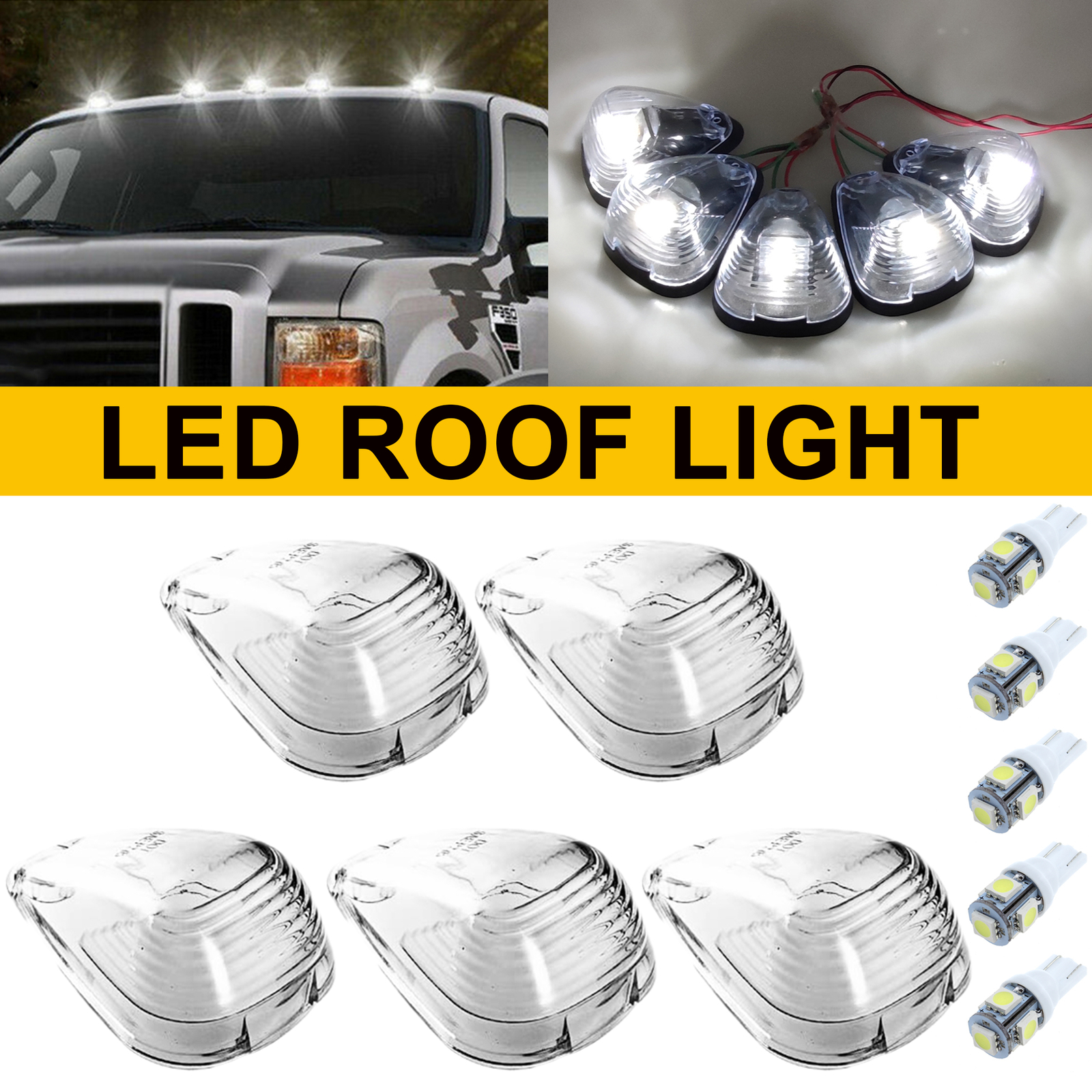 Fit Ford F250 F350 99-16 Clear Cab Roof Running Marker Lights with 5 LED Bulbs