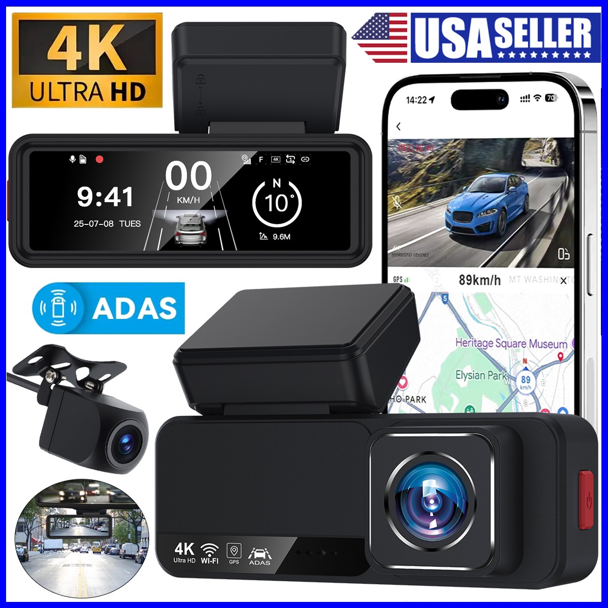 4K Front & Rear Dash Cam Built-In WiFi &GPS ADAS Smart Driving Mode Night Vision