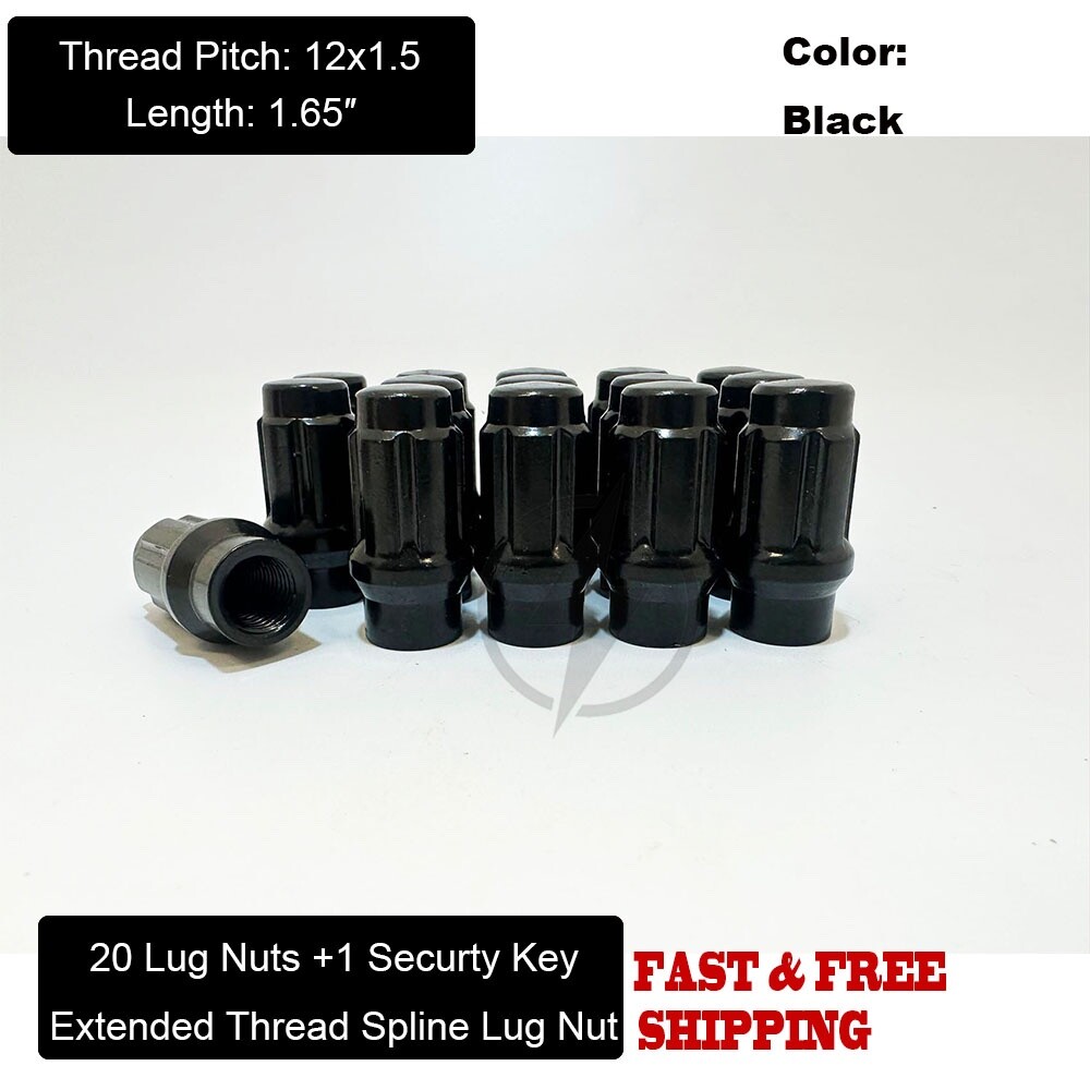 20 Black 6 Spline 12×1.5 Extended Thread Lug Nuts For Chevy Corvette C4 C5 C6 C7