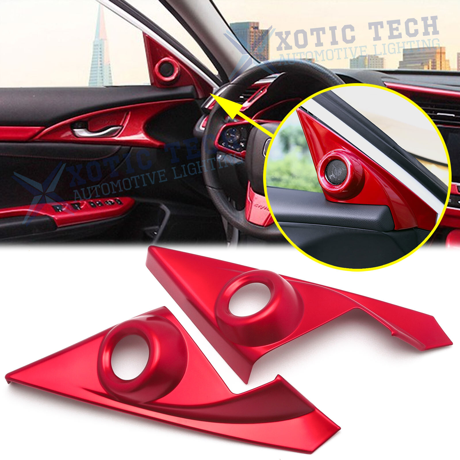 Red A-Pillar Tweeter Front Door Speaker Audio Cover Trim For Honda Civic 2016-21