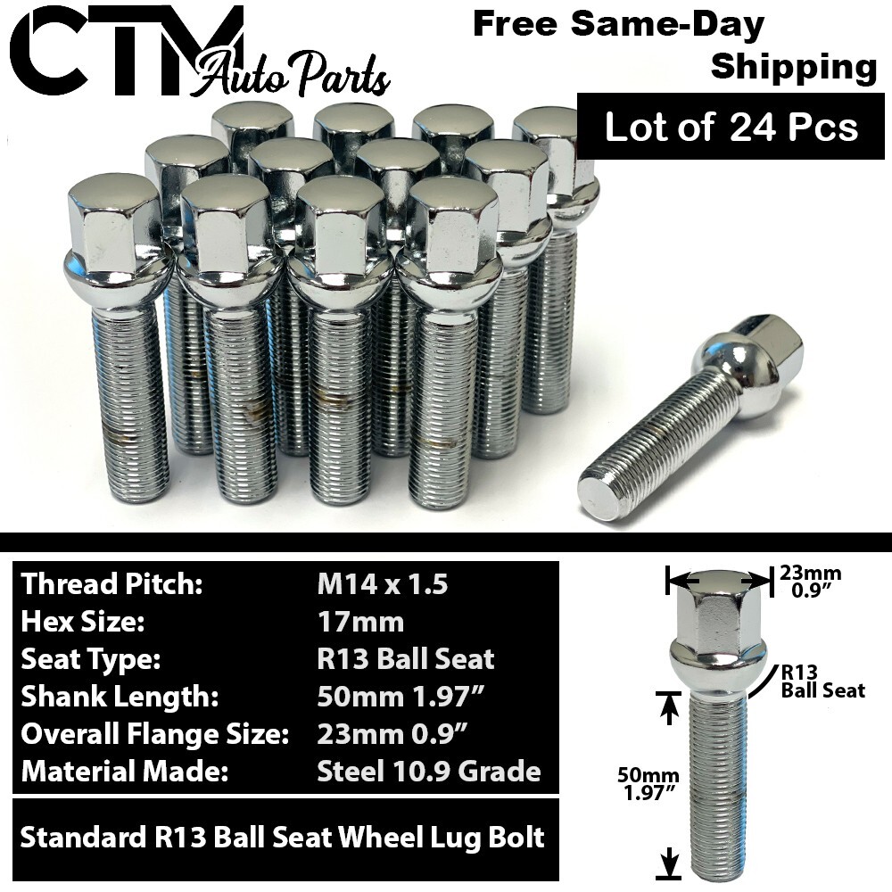 24x Chrome 14×1.5 Ball Seat Lug Bolt 50mm Shank | Mercedes Sprinter Alloy Wheel