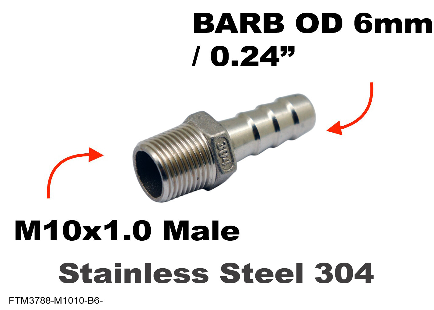 M10x1.0 Male to BARB OD 6mm / 0.24″ Stainless Tail Adaptor Hose Connector