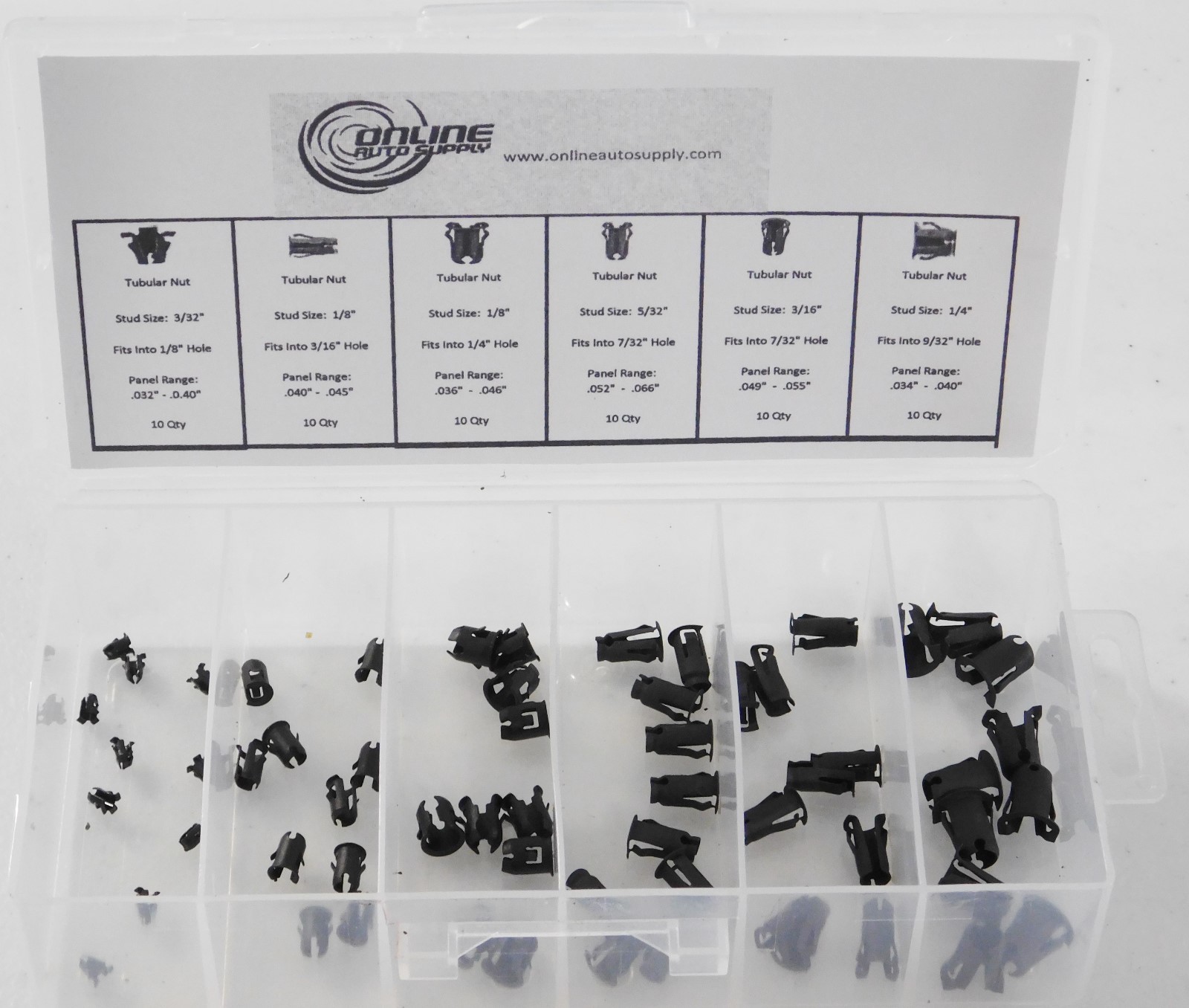60 pcs 6 Sizes Emblem Script Clips Barrel Tubular Nuts CHEVY Assortment