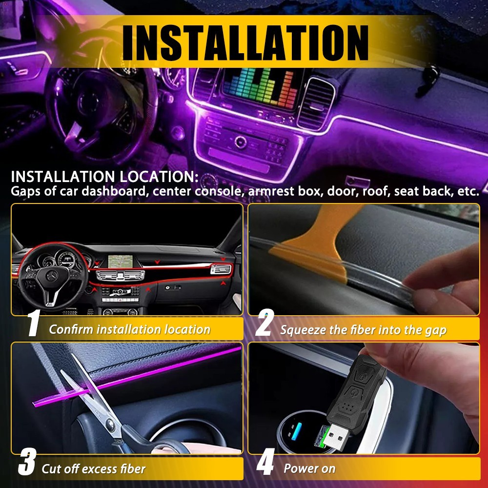 LED Car Interior Strip Light Atmosphere Neon Glow APP-Control Ambient Light Kit
