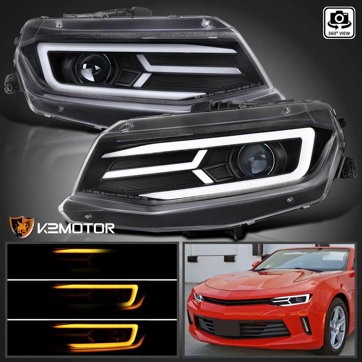 Fits Black 2016-2018 Chevy Camaro LED Sequential Signal Projector Headlights DRL