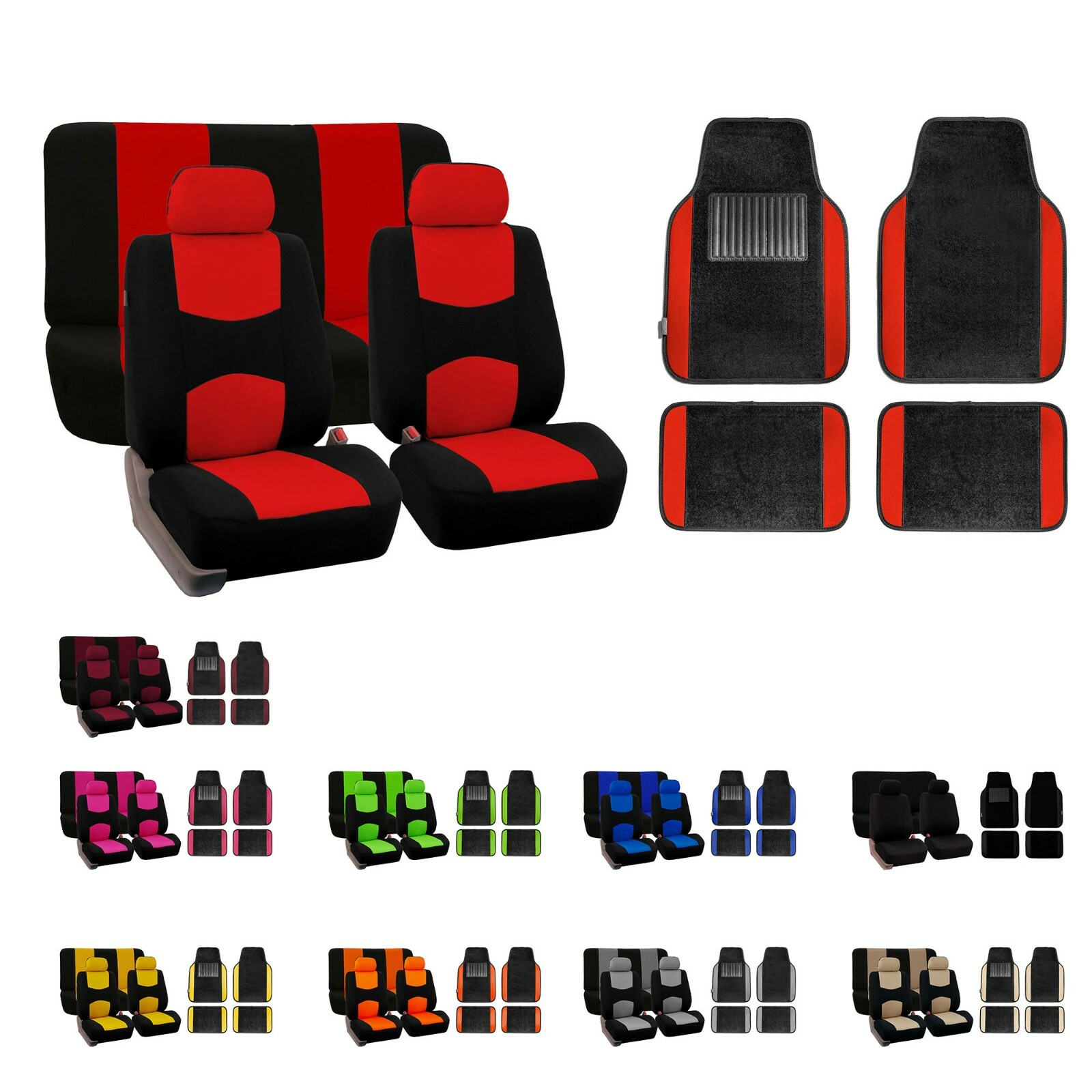 Car Seat Covers Flat Cloth Full Set Universal Fit w/ Carpet Floor Mats Combo