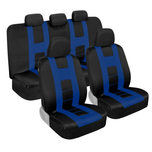 BDK Full Set of Front & Rear Car Seat Covers, Carpet Floor Mats, Blue with Black
