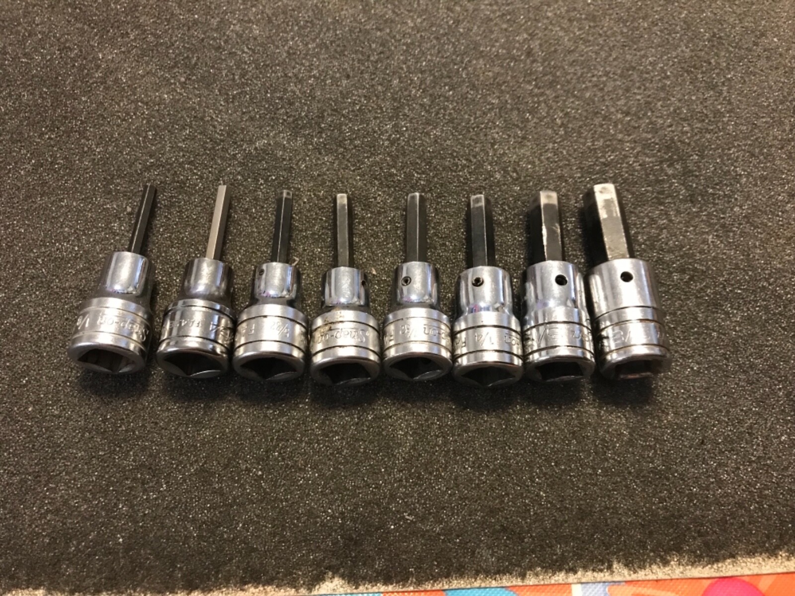 8 Pc. Snap On Tools 3/8″ Drive SAE Standard Hex Bit Socket Set 1/8–3/8″ 208EFAY