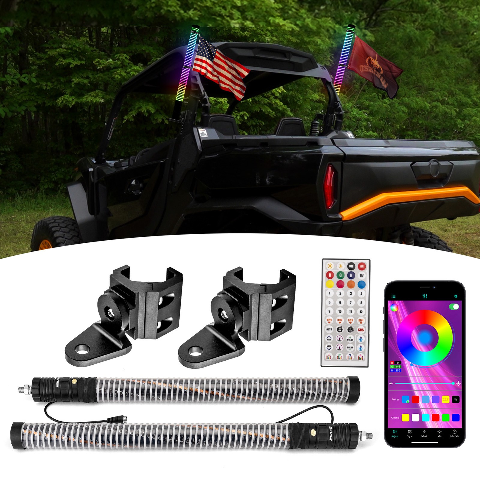 2PCS 2FT COB LED Whip Spiral Chasing RGB Fat Whip Lights For Kawasaki Ridge/Crew