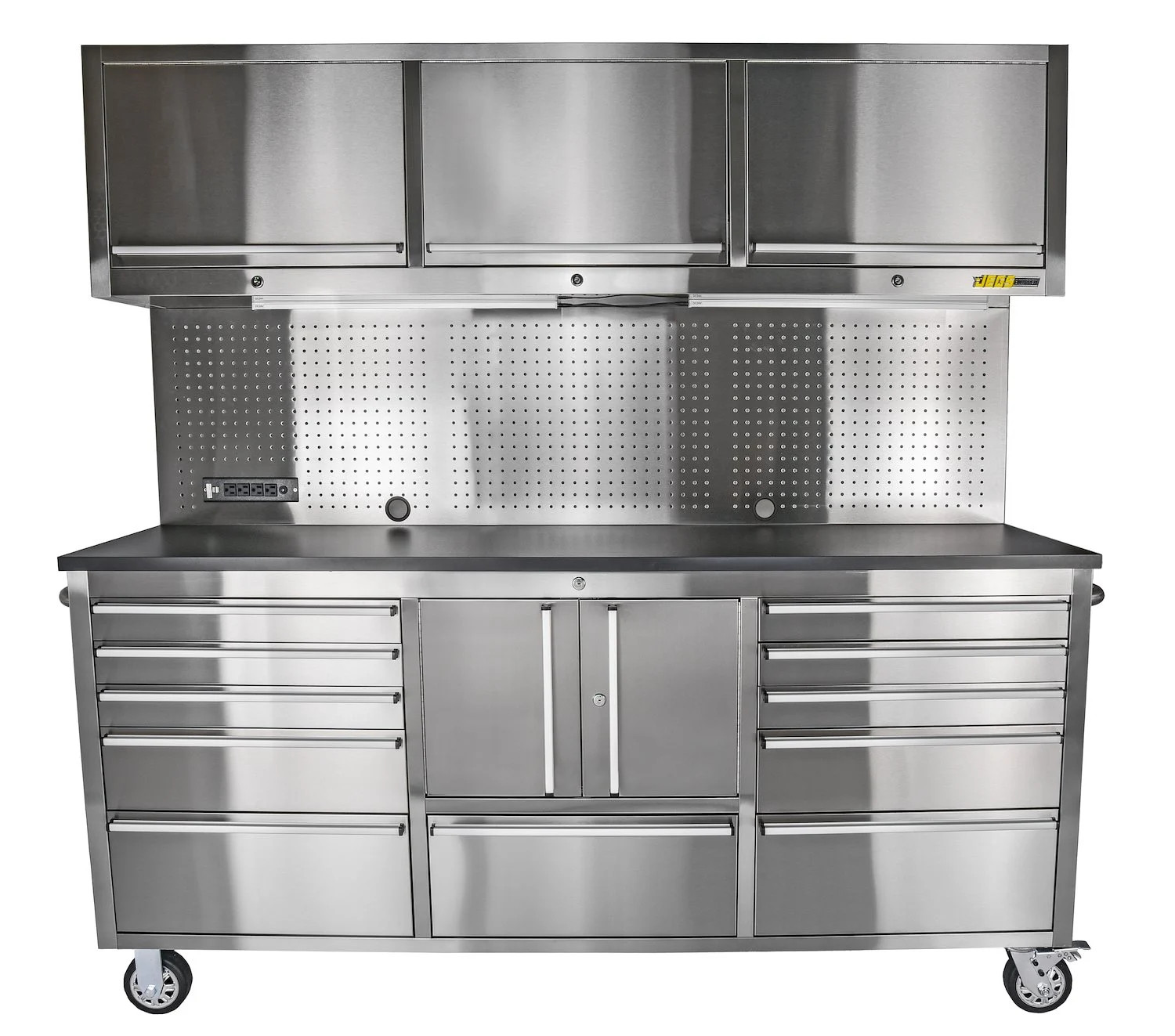 JEGS 72 in. 11-Drawer Rolling Tool Cabinet with Upper Storage [Stainless Steel]